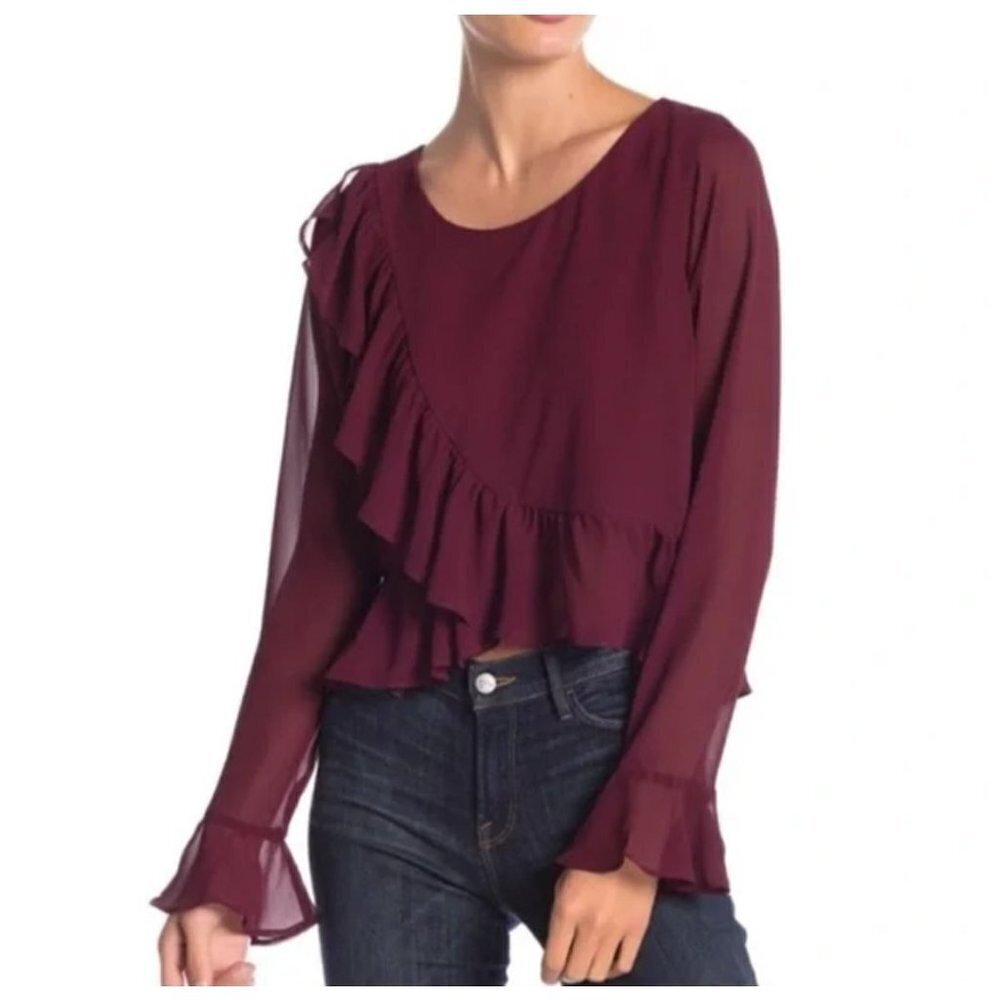 Line & Dot Revolve Burgundy‎ Violet Ruffled Long Bell Sleeve Blouse Size XS